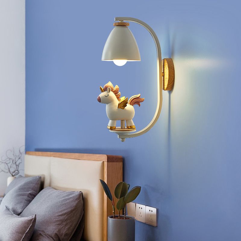 Metallic Cone Wall Lamp Nordic Style 1 Bulb White Wall Light Fixture with Figurine Decor for Kids Bedroom