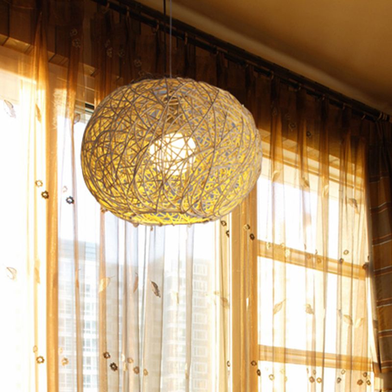 Spherical Pendant Lighting Asian Bamboo 1 Head Beige Ceiling Suspension Lamp, 8"/12"/14" Wide