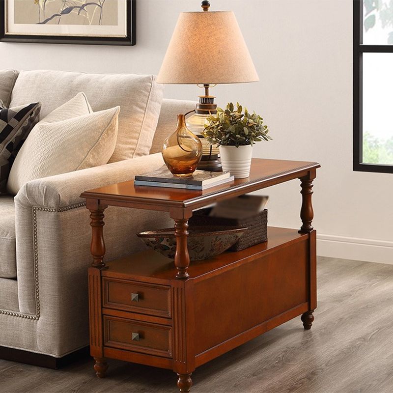 23.6"Tall Rustic Solid Oak Drawer End Table 4 Legs Rectangular Side Table