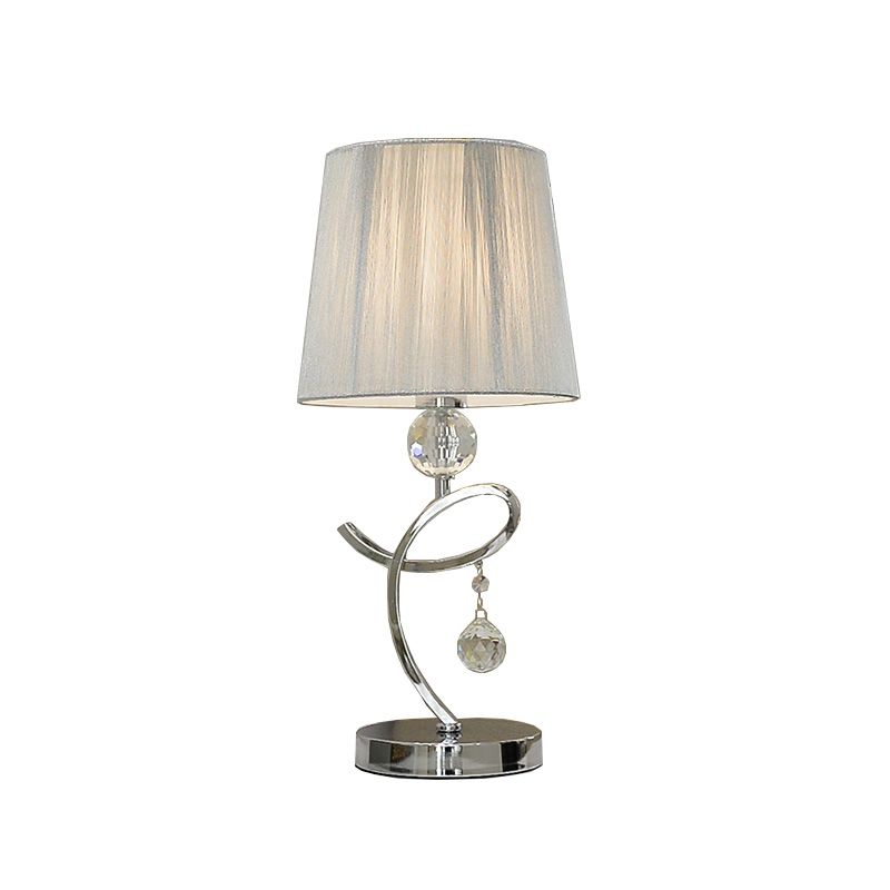 Lámpara de mesa nocturna de tono de barril de tela iluminación de tareas de cromo modernista con gotas de cristal