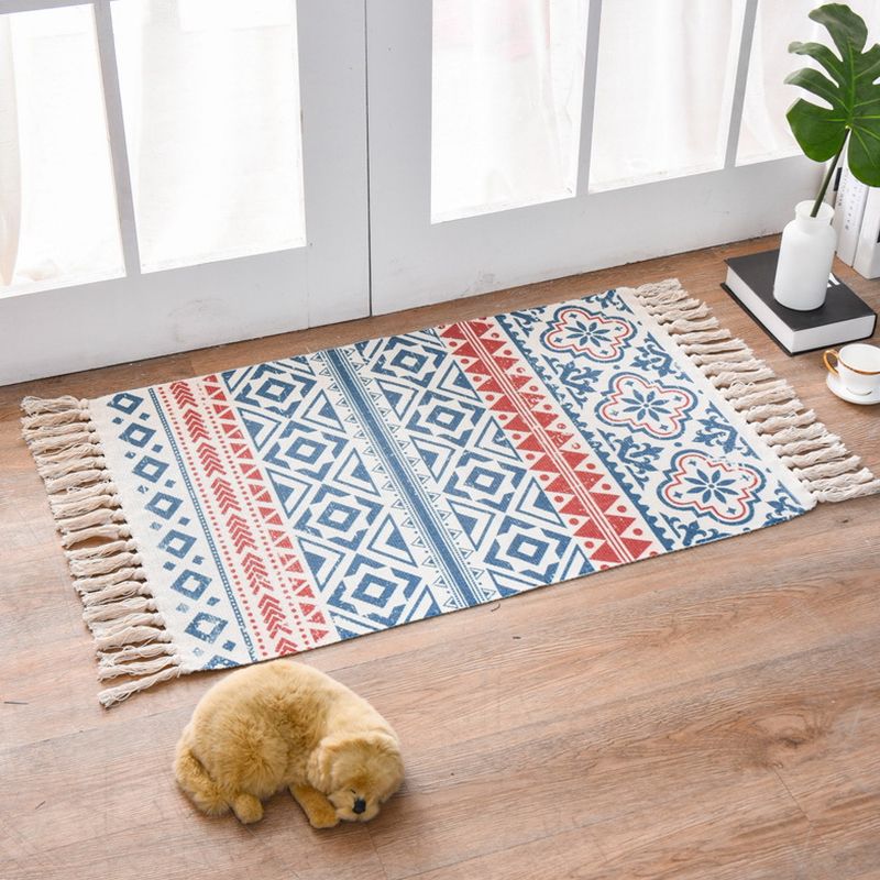 Western Bedroom Rug Multi-Colored Geometric Print Carpet Cotton Blend Machine Washable Easy Care Rug with Fringe