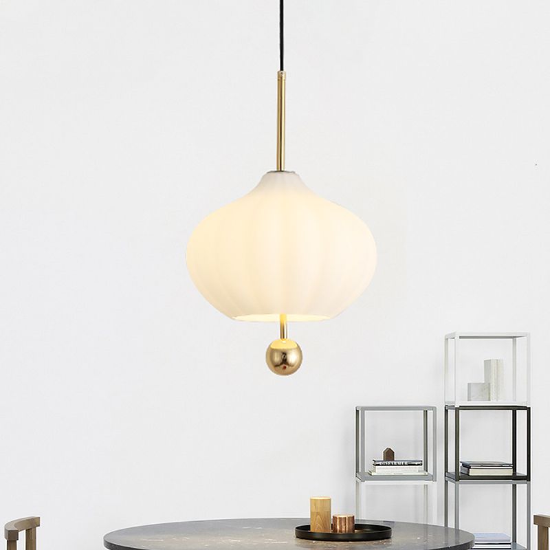 White Glass Pumpkin Suspension Light Modernist 1 Bulb Pendant Lamp with Brass Modo Deco