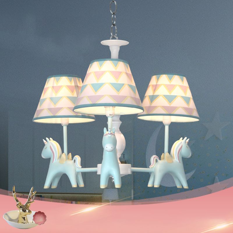 Tapered Shade Child Room Suspension Light Patterned Fabric Kids Chandelier Light with Decorative Unicorn