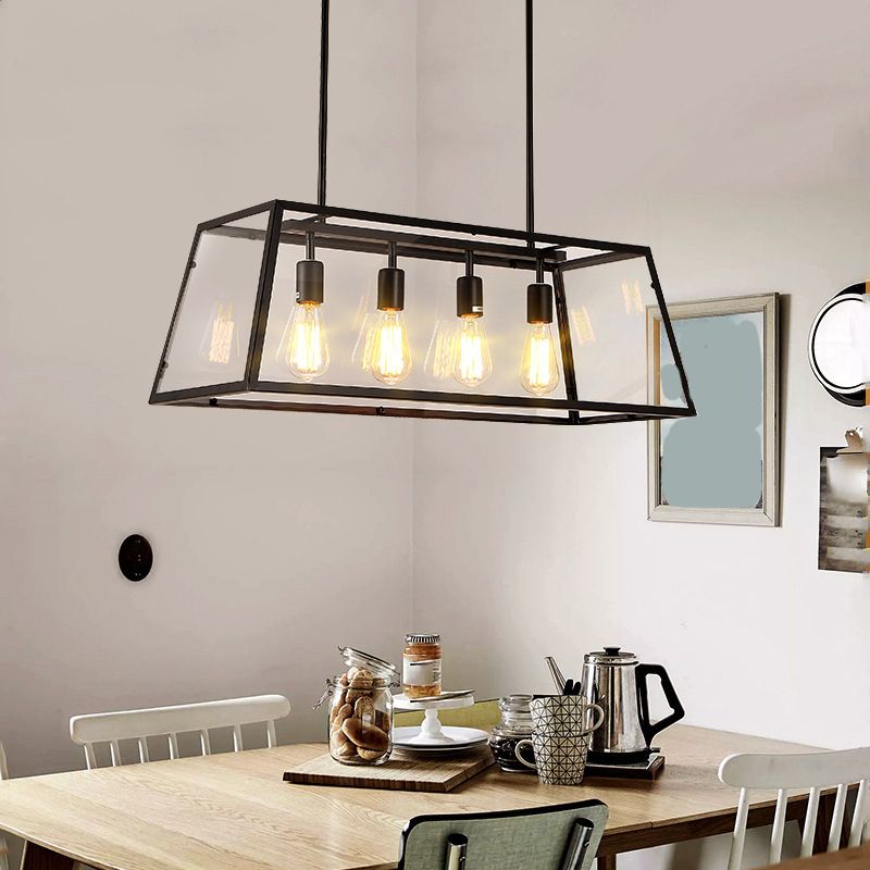 Industrial Metal Island Light Black 4 Lights Island Pendant with Glass for Dining Room