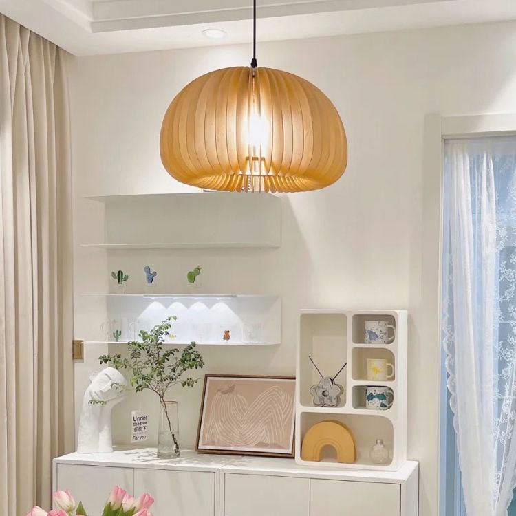 Simplicity Pumpkin Hanging Light Kit Wood 1-Light Ceiling Light for Dining Room