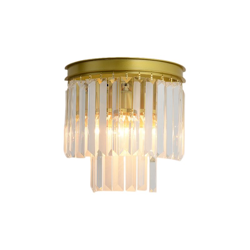 Clear Faceted Crystal Wall Lamp 2 Bulbs Modernist Style Wall Light Fixture in Gold Finish