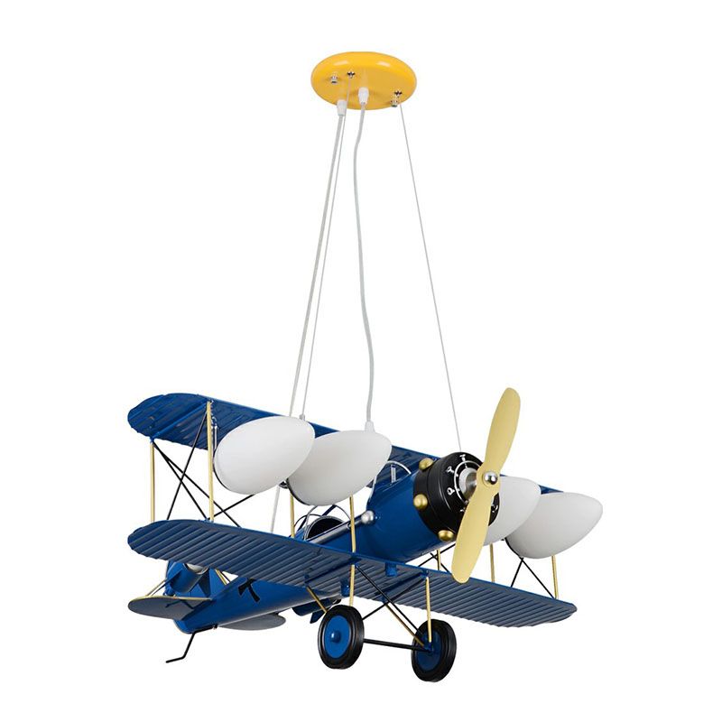 Kids Style Plane Chandelier Lamp Metallic Nursery LED Hanging Light with Opal Glass Shade