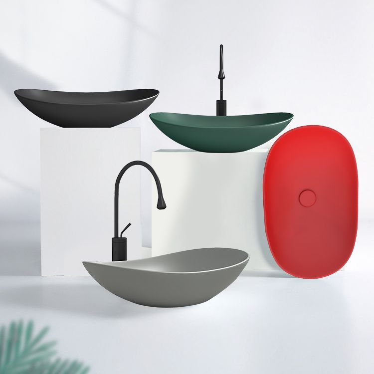 Contemporary Bathroom Sink Porcelain Oval-Shape Vessel Lavatory Sink with Pop-Up Drain