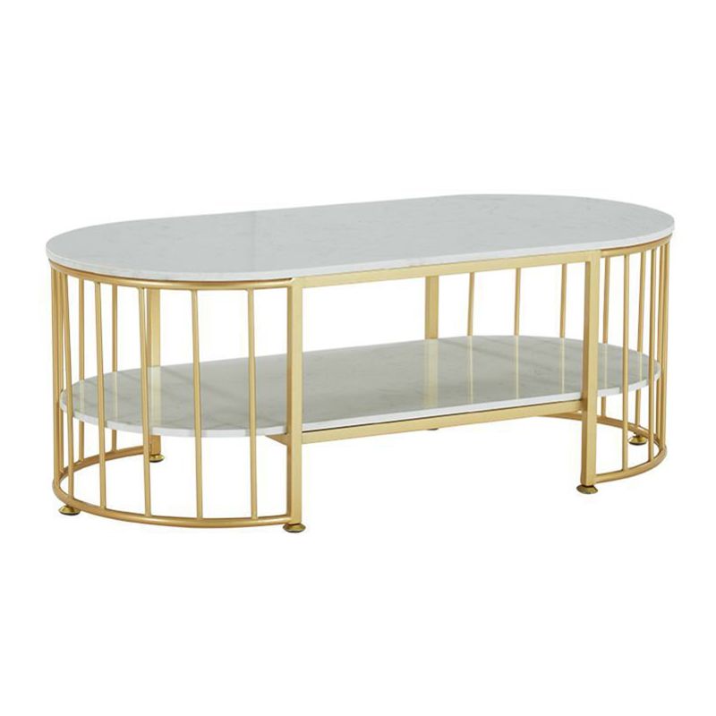 Glam Oval Coffee Table with Marble Top and Storage Shelf and Steel Base