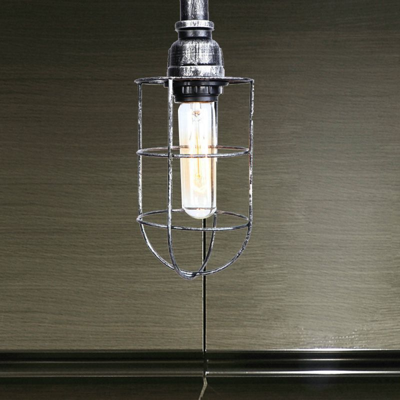 Black / Bronze 1 Bulb Semi-Flush Mount Light Vintage Metal Wire Guard Ceiling Mounted Light for Corridor