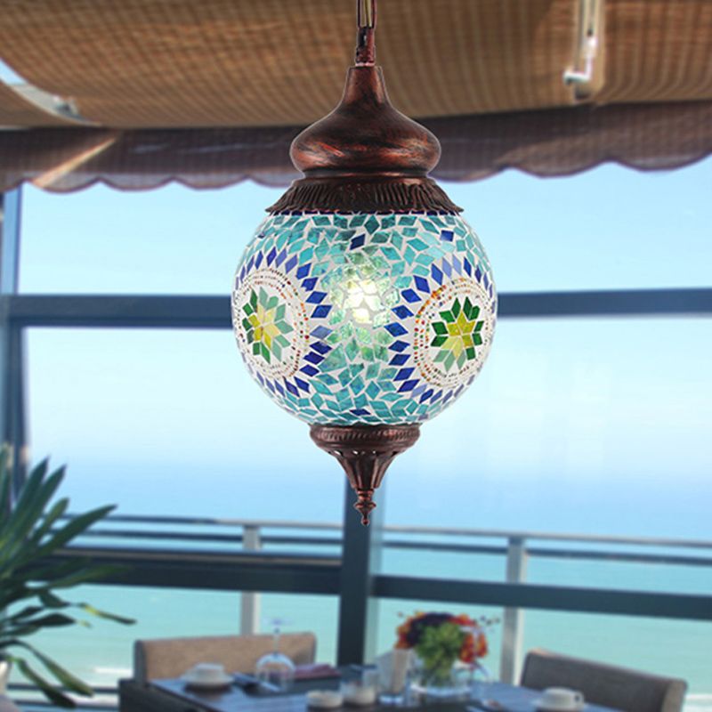 1 Light Spherical Pendant Light Fixture Moroccan Blue Metal Hanging Lamp Kit for Dining Room