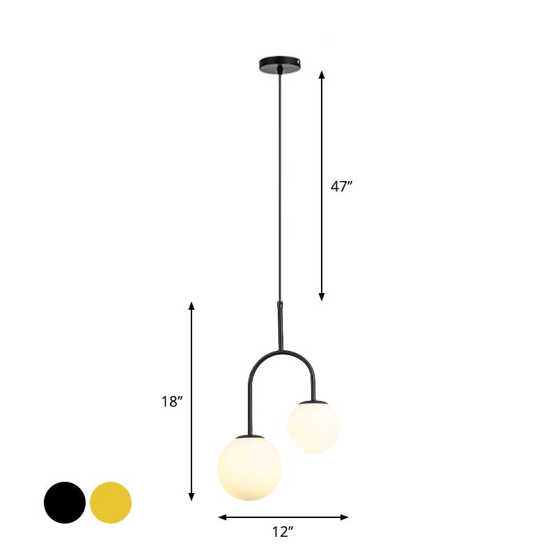 White Glass Global Hanging Pendant Light Modern 2 Heads Black/Gold Suspension Lamp with Arc Arm