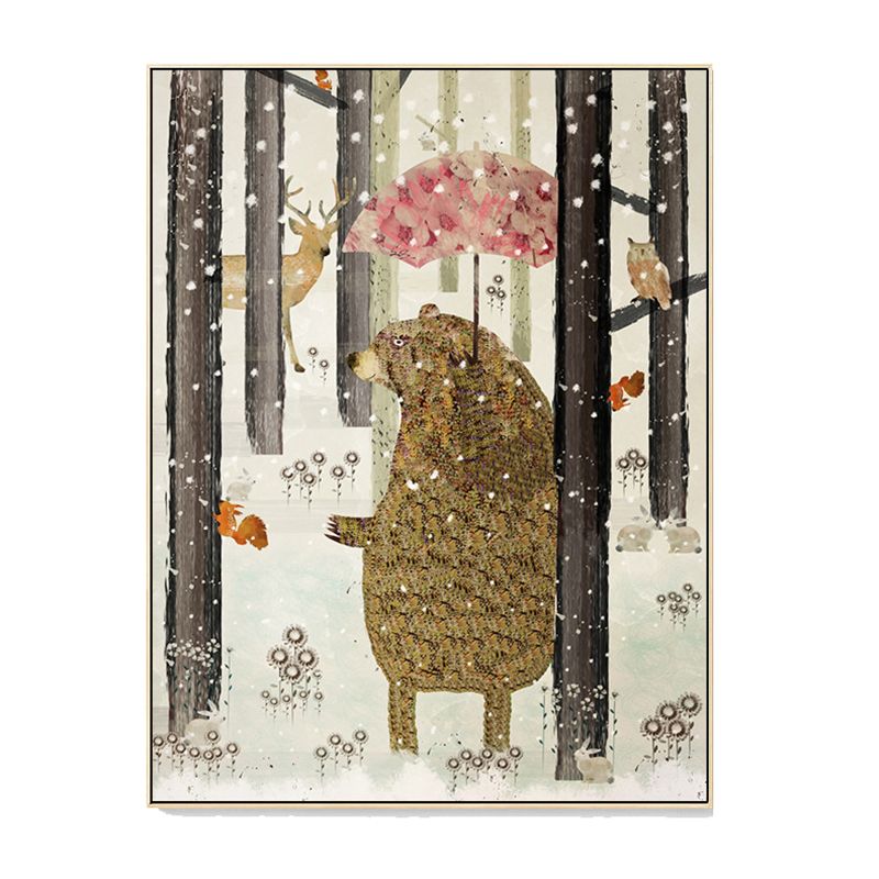 Fun Forest Bear Wall Art Kids Bedroom Animal Drawing Canvas Print in Pastel Color