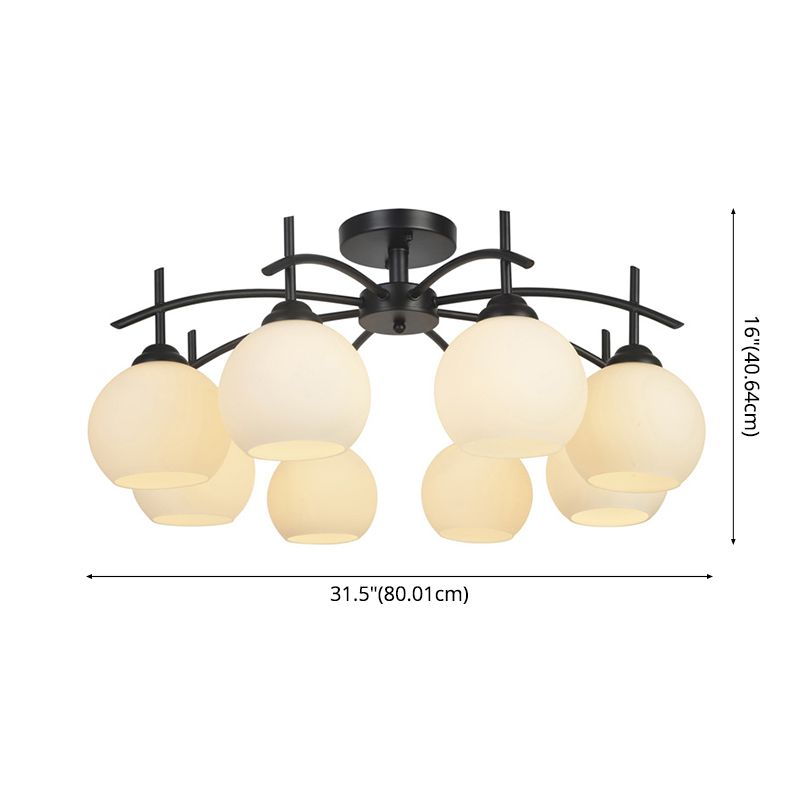 Plafonnier satellite artificiel classique traditionnel en fer forgé semi - encastré avec abat - jour en verre blanc