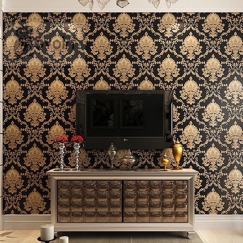 Gold Medallion Wallpaper Moisture Resistant Wall Covering on Black for Living Room