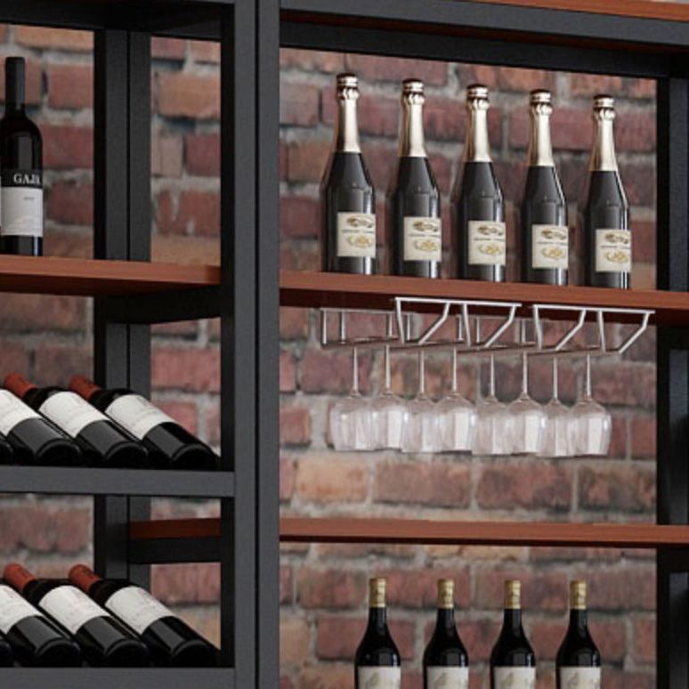 Metal Floor Wine Bottle & Glass Rack Modern Wooden Wine Holder for Kitchen