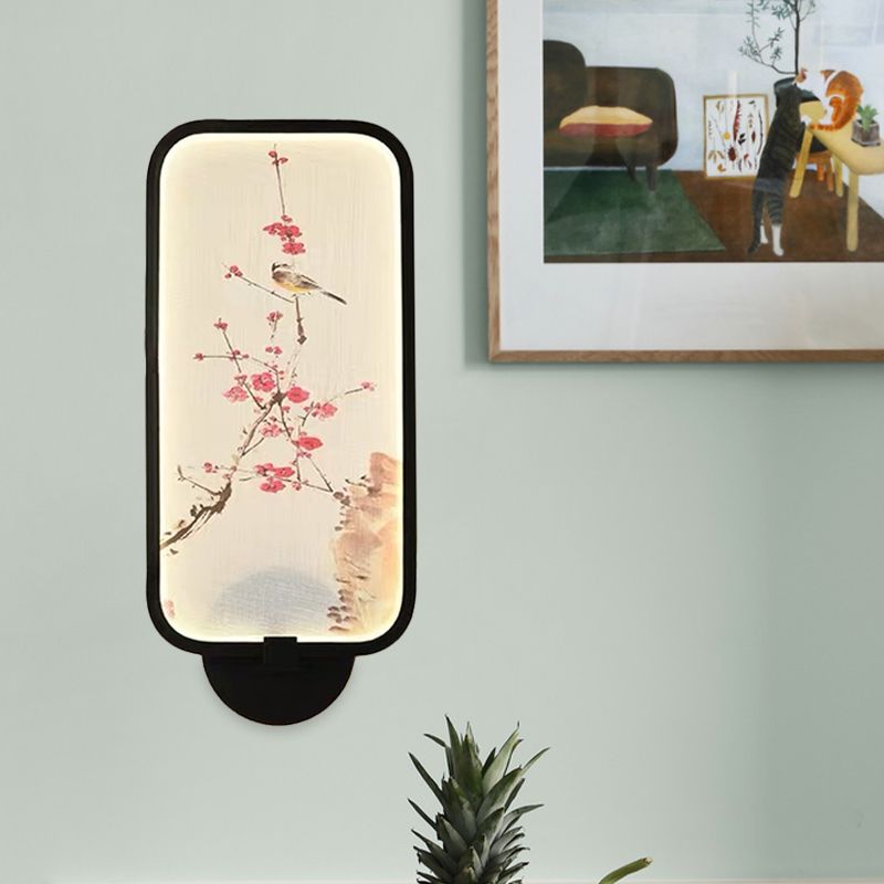 Rectangle Acrylic Plum and Bird Mural Light Chinese Style LED Black Wall Mounted Light Fixture