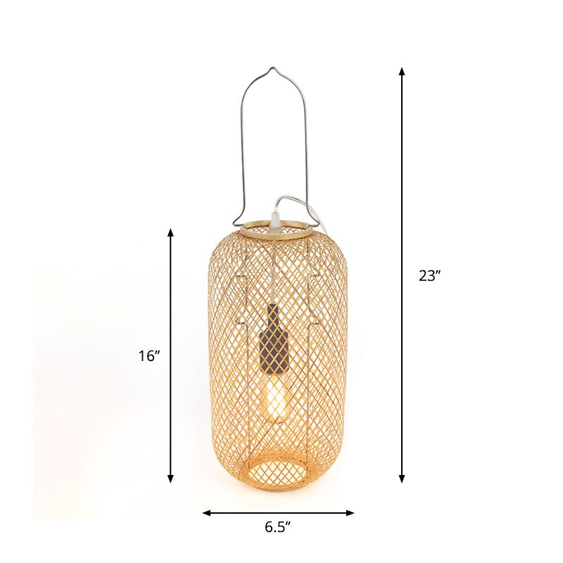 Asia-Style 1-Head Night Table Light Flaxen Cylinder Cage Nightstand Lamp with Bamboo Rattan Shade