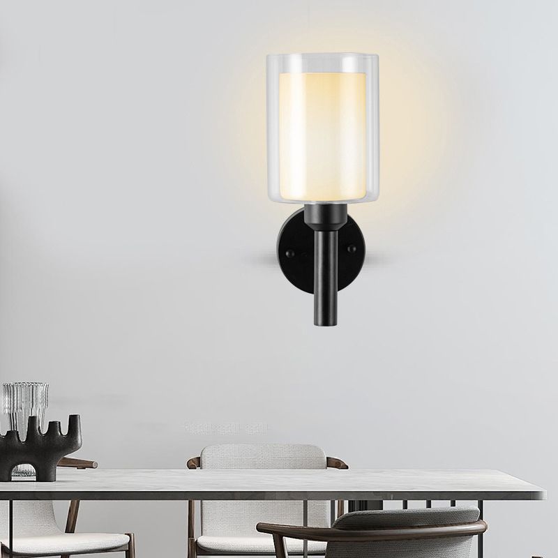 Minimalism Wall Sconce Cylinder-Shade Wall Light Fixture with Glass for Bedroom