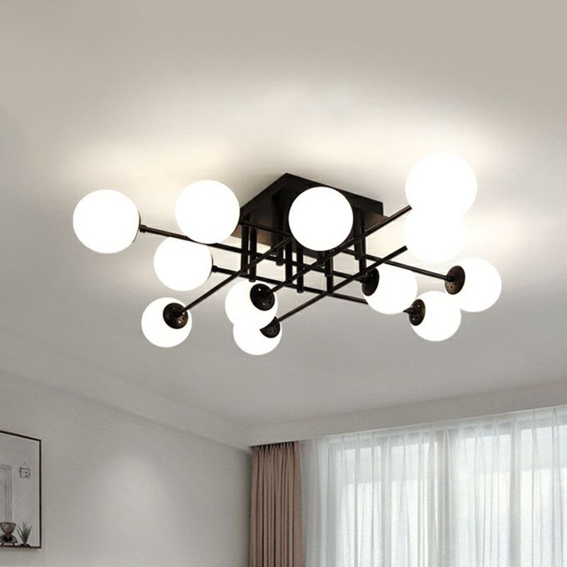 Modern Style Ball Ceiling Flush Light Opaline Glass Living Room Semi Flush Mount Light in Black