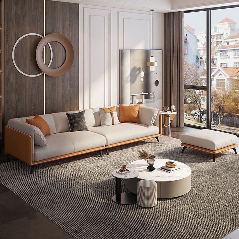 Contemporary Faux Leather Sofa with Tuxedo Arm in Orange and White