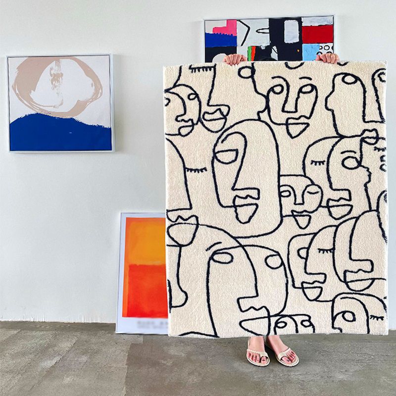 White Abstract Pattern Area Carpet Modern Polyester Area Rug Anti-Slip Rug for Home Decor