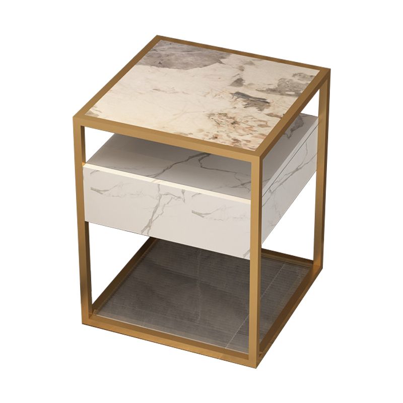 Square Glass/Stone Top End Table 21.26" Tall 1-Drawer Side Table with Storage Shelf