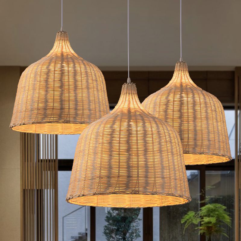 Hand-weaving Bamboo Bell Shape Hanging Light Asian Rattan Shade Single Light Pendant Lamp with 59" Hanging Wire