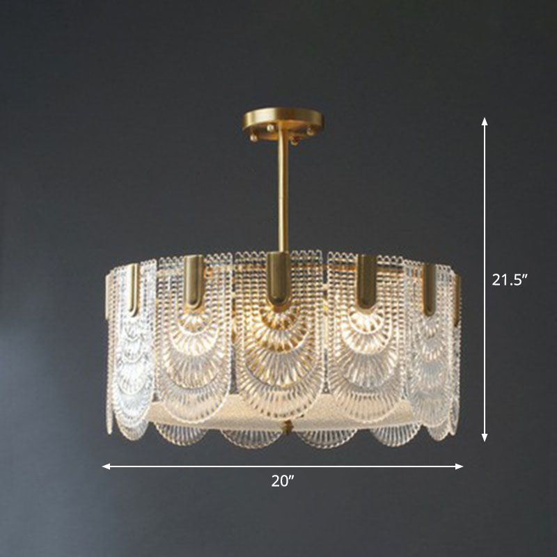 Ribbed Crystal Scalloped Round Chandelier Pendant Light Contemporary Brass Hanging Light