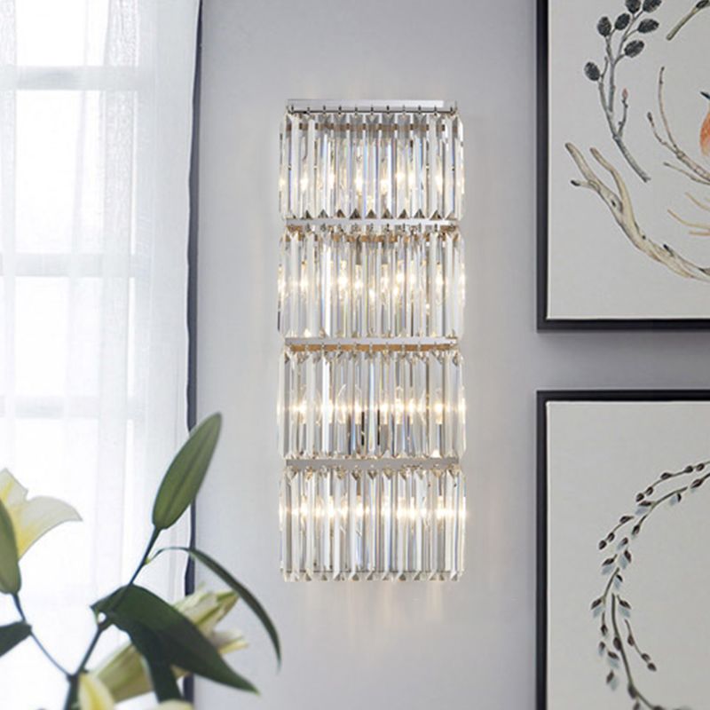 4-Tier Rectangle Flush Wall Sconce Contemporary Chrome Crystal Prism Wall Light Fixture