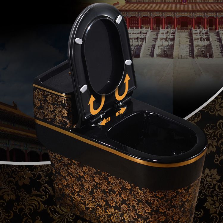 Modern Elongated Toilet Bowl Black and Golden Flush Toilet With Seat for Bathroom