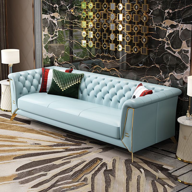 Contemporary Tufted Back Chesterfield Settee Genuine Leather Rolled Arm Sofa
