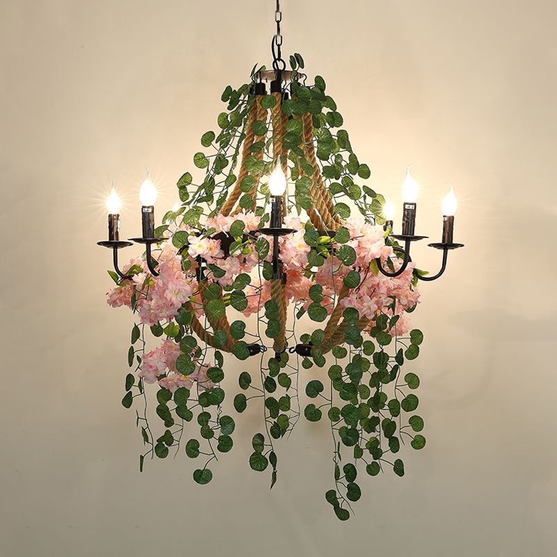 Candlestick Restaurant Chandelier Light Vintage Metal 8 Heads Pink Flower Pendant Lighting Fixture