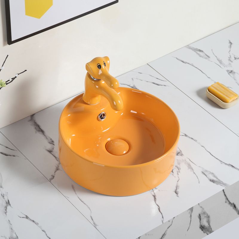Contemporary Bathroom Sink Pop-Up Drain Porcelain Round Vessel Bathroom Sink