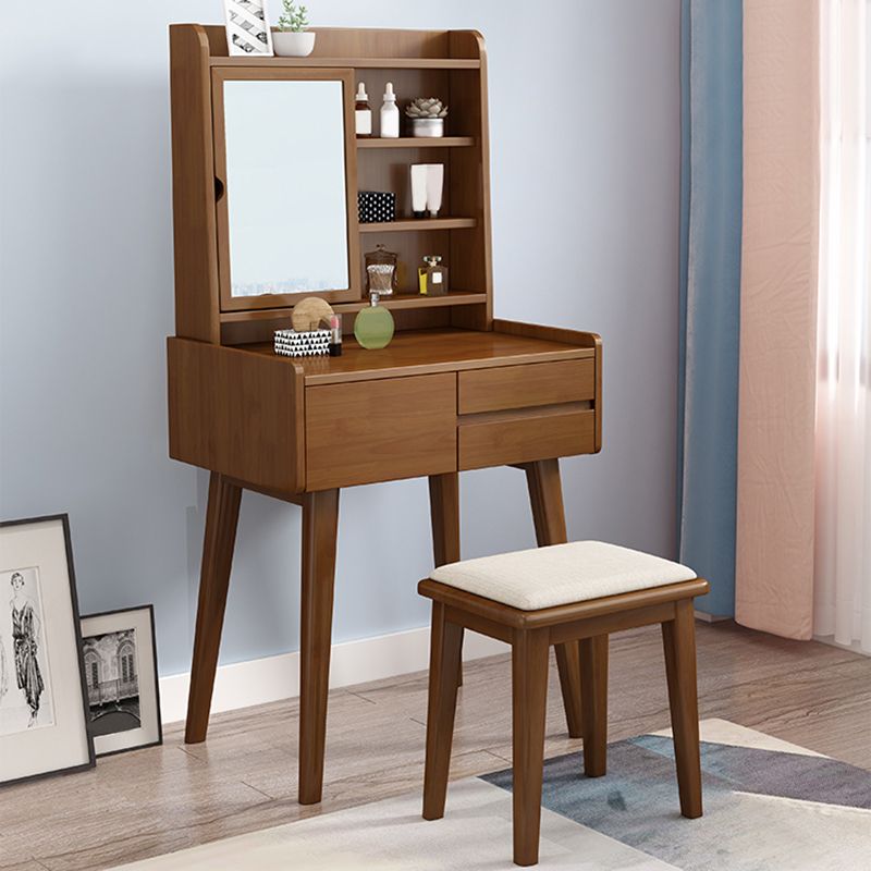 Solid Wood Vanity Table Set 3-Drawer Makeup Vanity Table with Mirror and Stool