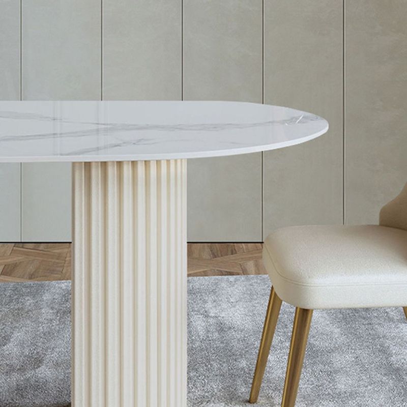 Contemporary White Oval DiningTable Sintered Stone Top Double Pedestal Table