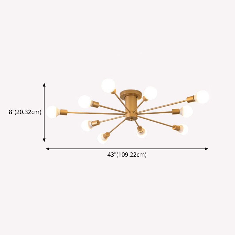 Industrial Vintage Sputnik Ceiling Light Wrought Iron Bare Bulb Semi Flush Mount for Living Room