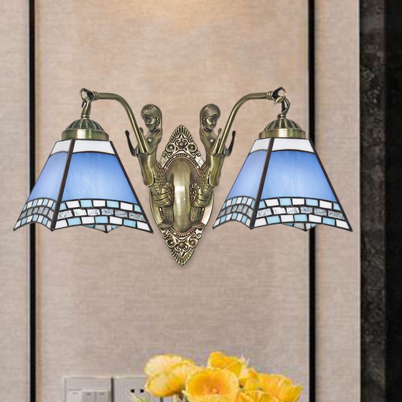 Blue 2-Light Wall Mount Light Mission Style Hand Cut Glass Swallowtail Wall Lighting with Mermaid Arm for Bedroom