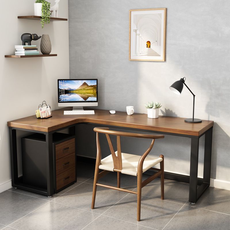 Solid Wood L-Shape Office Desk Industrial Fixed Writing Table