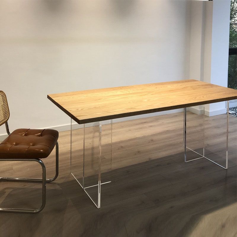 Rectangle Dining Table Natural Pine Wood Top Transparency Acrylic Base Table