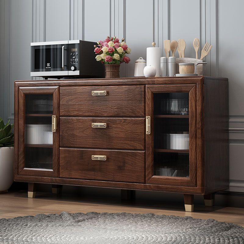 Modern Rubberwood Solid Wood Sideboard 34.5" H Brown Credenza for Dining Room
