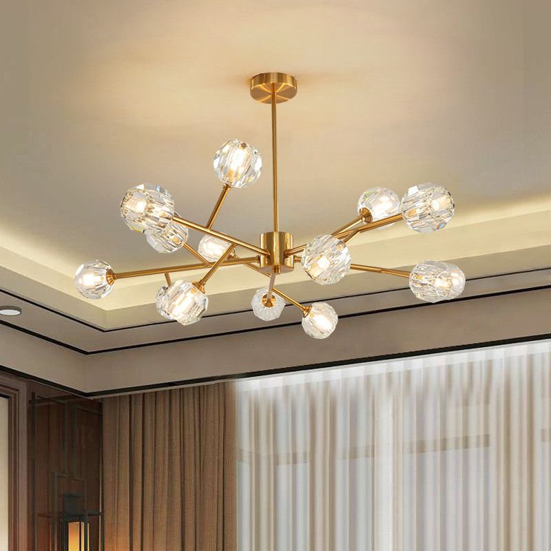 15-Bulb Living Room Suspension Light Modernist Gold Finish Ceiling Chandelier with Round Crystal Shade