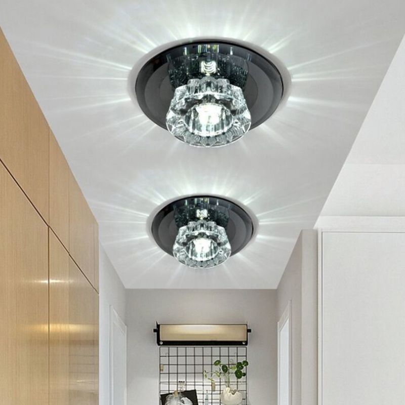 LED Flush-Mount Light Fixture Simple Bowl Faceted Glass Close to Ceiling Light in Black