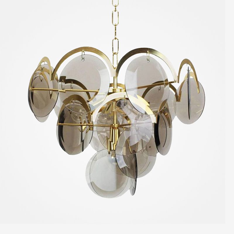 Nordic Chandelier Metal Hanging Light with Smoke Grey Glass for Bedroom