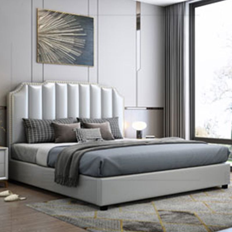 Glam Wood Standard Bed Genuine Leather Bed Frame with Headboard for Bedroom