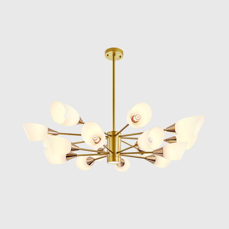 Post Modern 16-Bulb Chandelier with White Frosted Glass Shade Gold Floral Hanging Ceiling Lamp