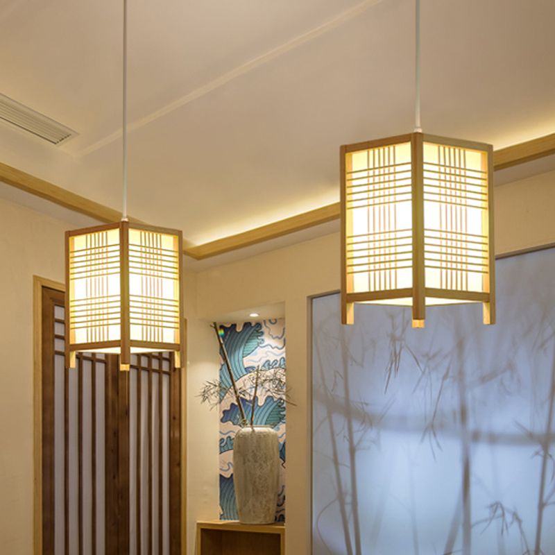 Chinese Rectangular Pendant Lighting Wood 1 Bulb Hanging Ceiling Light in Beige for Tearoom