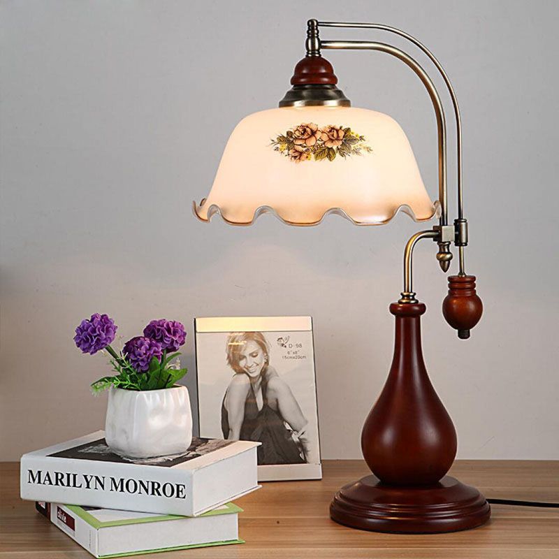 Wood Droplet Nightstand Light American 1-Bulb Bedroom Desk Lamp in Red Brown with Glass Shade