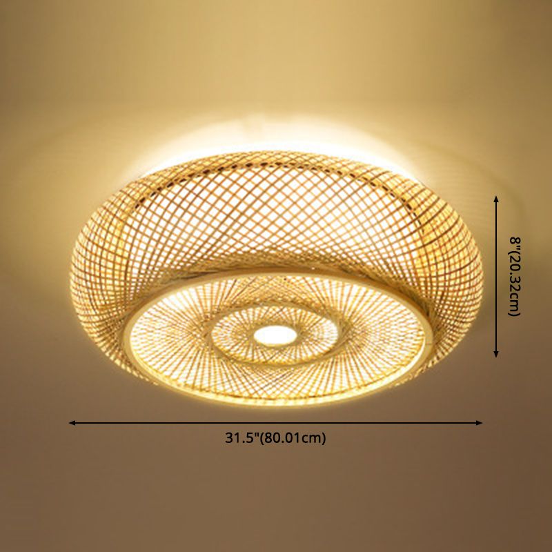 Modern Flush Mount Ceiling Light Beige Drum Close to Ceiling Fixture with Bamboo Shade