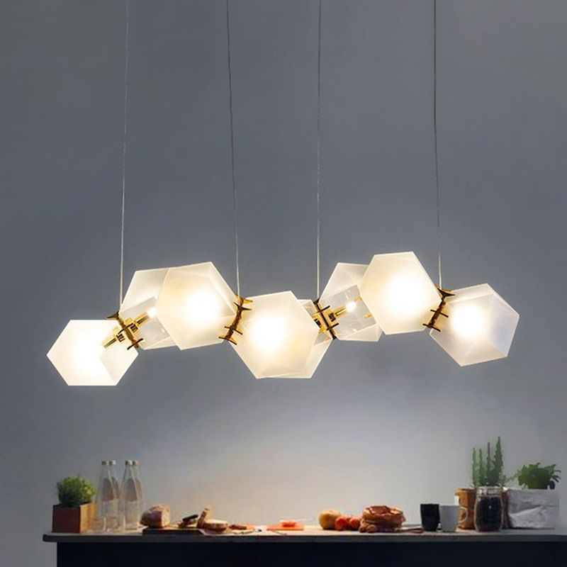 Frosted White Glass Honeycomb Island Lamp Modern Style 2/4/8-Light Brass Ceiling Hang Light for Living Room